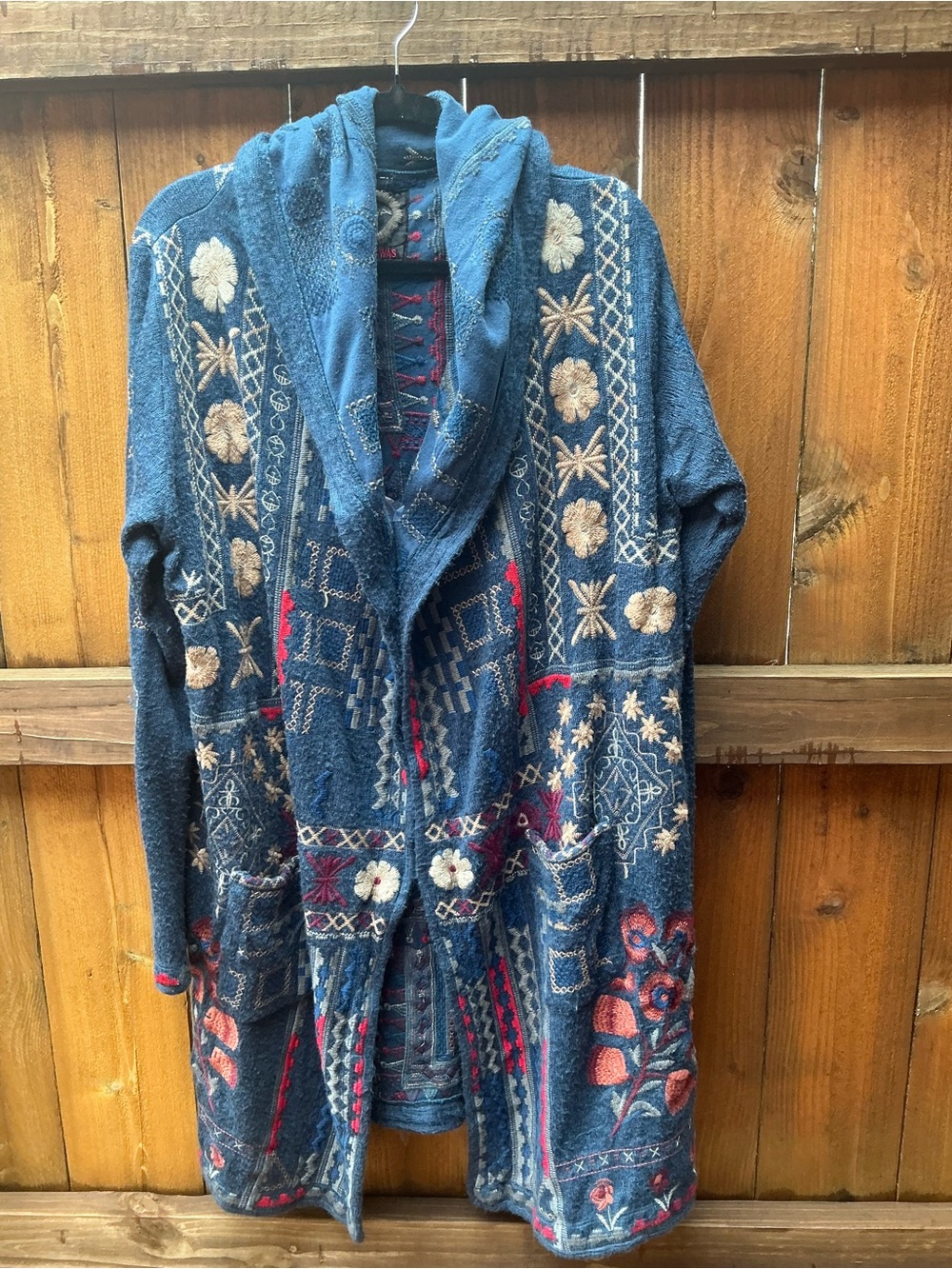 Johnny Was Blya Blue Embroidered Hooded Cardigan Coat with Pink & Cream Accent L